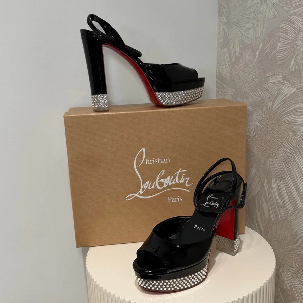 Christian Louboutin Black Patent Platform Sandals with Crystal Detail - Picture 3 of 4